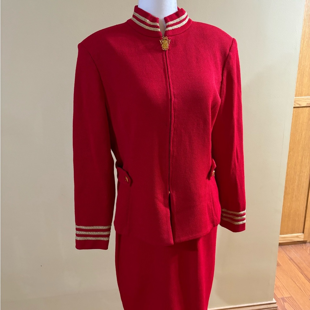 Red with Gold Trim St.John Skirt Suit